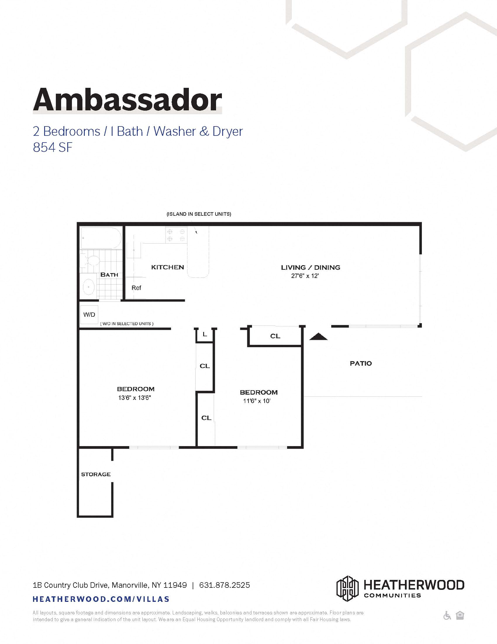 Floor plan for 2 beds, 1 bath, 854 sqft